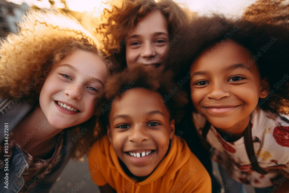 Obraz premium Smiling group portrait of diverse kids taking selfie in the city