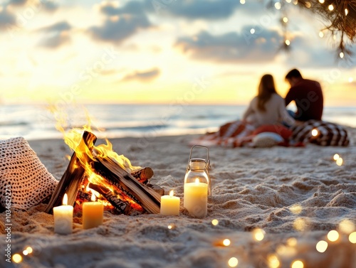 Romantic Beach Campfire Setup with Cozy Blankets