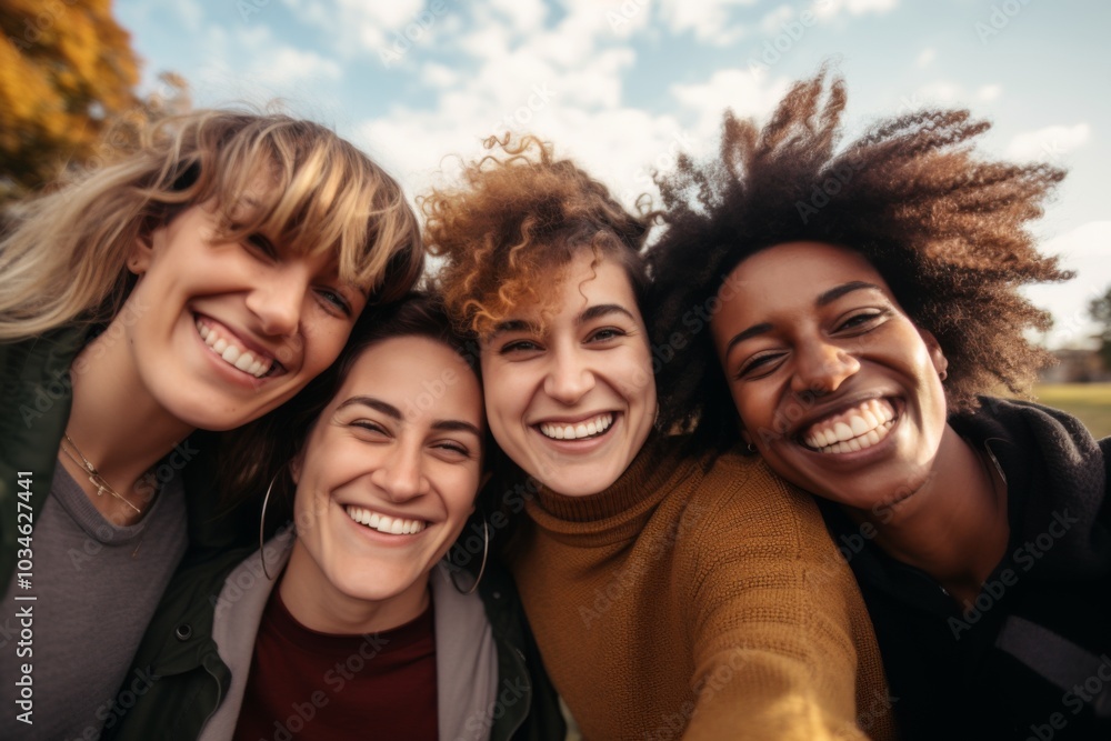 Smiling group portrait of diverse lesbians taking selfie in the city