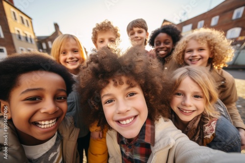 Smiling group portrait of diverse kids taking selfie in the city