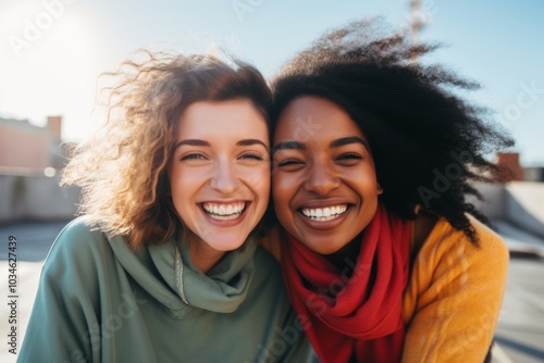 Smiling group portrait of diverse lesbians taking selfie in the city