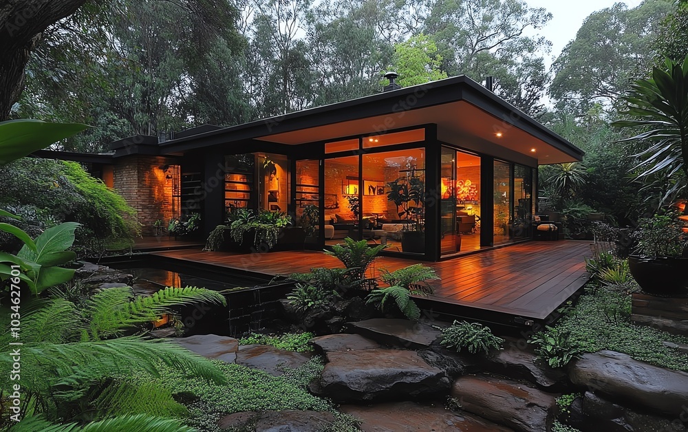 Contemporary architecture harmoniously integrated into an exquisite garden, showcasing minimalist design and rich vegetation all around Contemporary architecture harmoniously integrated into an exquisite garden, showcasing minimalist design and rich vegetation all around