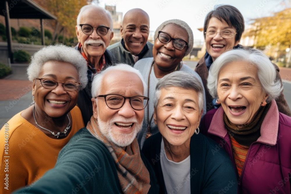Smiling group portrait of diverse seniors taking selfie in the city Smiling group portrait of diverse seniors taking selfie in the city