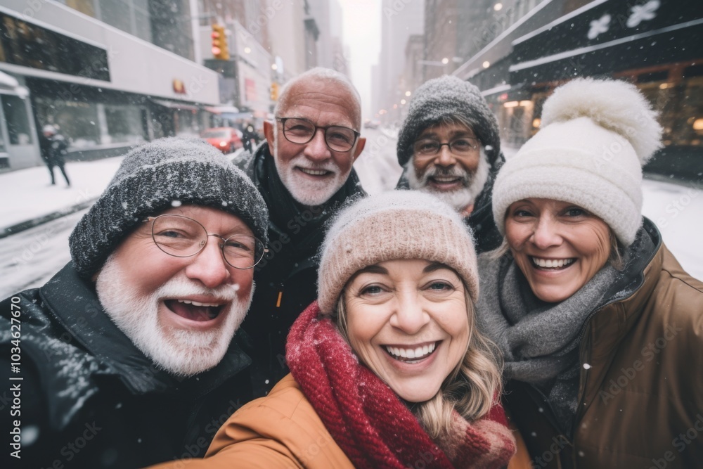Smiling group portrait of diverse seniors taking selfie in the city Smiling group portrait of diverse seniors taking selfie in the city