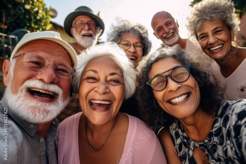 Smiling group portrait of diverse seniors taking selfie in the city