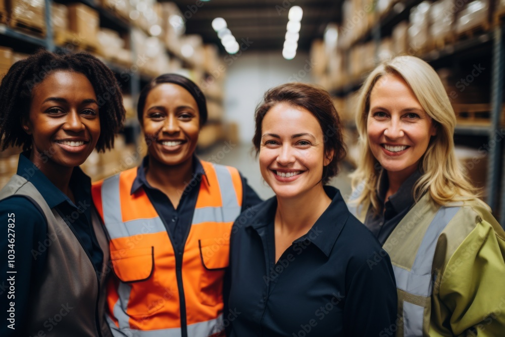 Smiling portrait of a diverse group of female warehouse workers Smiling portrait of a diverse group of female warehouse workers