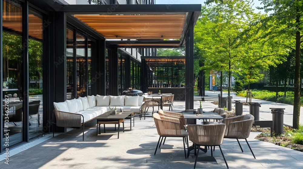 Fototapeta premium 100. A chic outdoor terrace with seating and an empty area for a product
