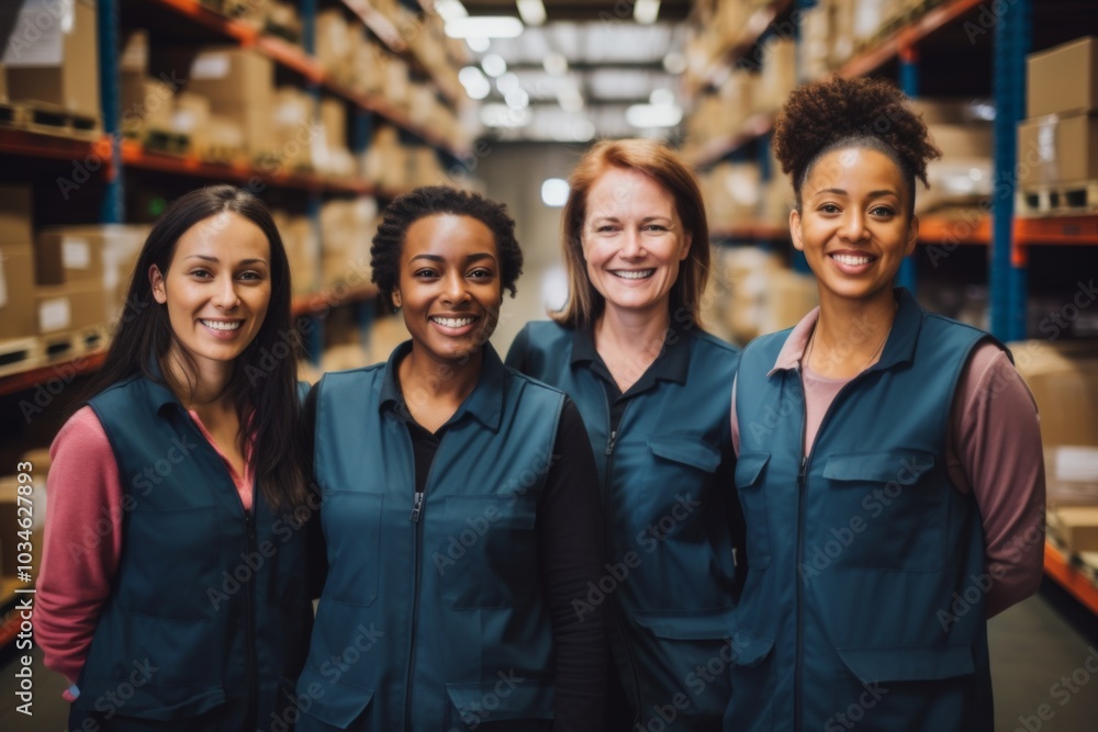 Smiling portrait of a diverse group of female warehouse workers Smiling portrait of a diverse group of female warehouse workers
