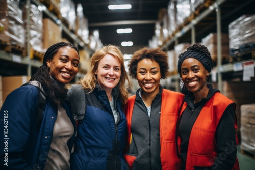 Smiling portrait of a diverse group of female warehouse workers