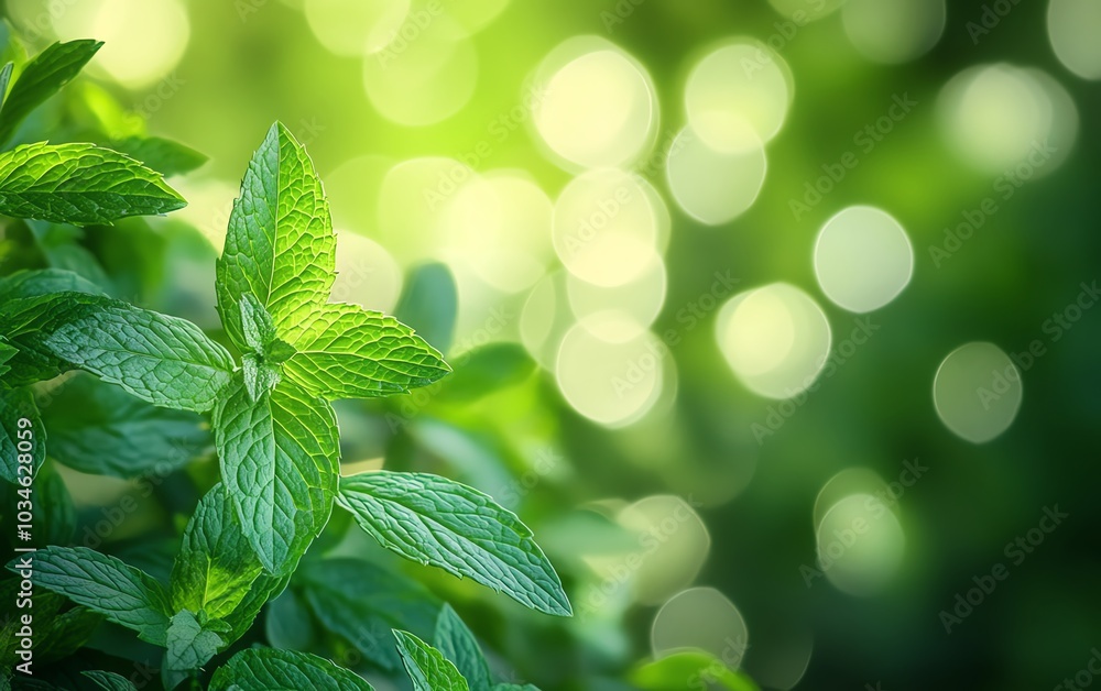 Lush peppermint leaves illuminated by soft sunlight, with a gentle bokeh background, celebrating the freshness and organic qualities of the plant Lush peppermint leaves illuminated by soft sunlight, with a gentle bokeh background, celebrating the freshness and organic qualities of the plant