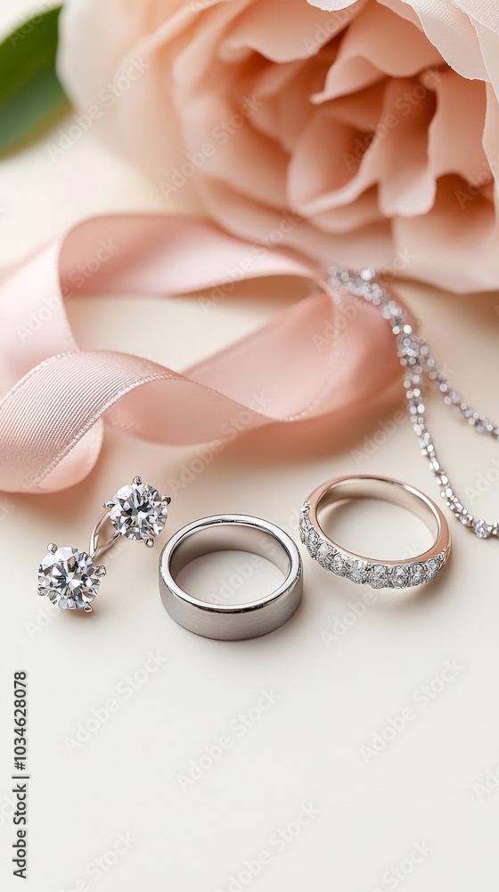 A close-up of wedding rings entwined with a satin ribbon, accompanied by a pair of diamond stud earrings and a delicate necklace, with soft, dreamy pink and white tones A close-up of wedding rings entwined with a satin ribbon, accompanied by a pair of diamond stud earrings and a delicate necklace, with soft, dreamy pink and white tones