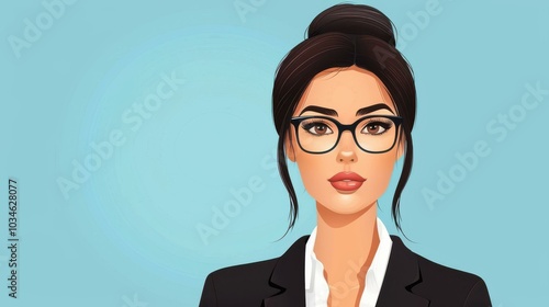 A colorful cartoon image of a smart woman in a suite and glasses, exuding confidence and elegance in a modern setting. photo