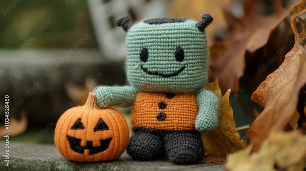 A crochet monster holding a jack-o'-lantern among autumn leaves. A crochet monster holding a jack-o'-lantern among autumn leaves.