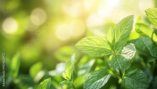 Stunning closeup of bright green peppermint leaves, highlighted by a gentle bokeh background of sunlight, reflecting the freshness of organic growth photo