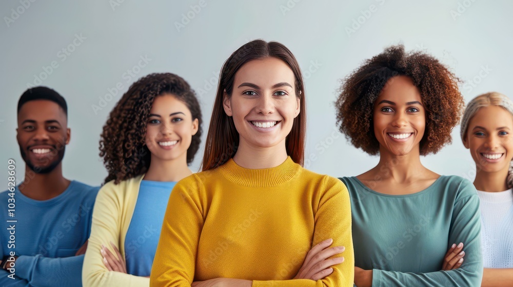 A diverse team of business professionals stands confidently in an office, showcasing unity and strength in every generation. A diverse team of business professionals stands confidently in an office, showcasing unity and strength in every generation.
