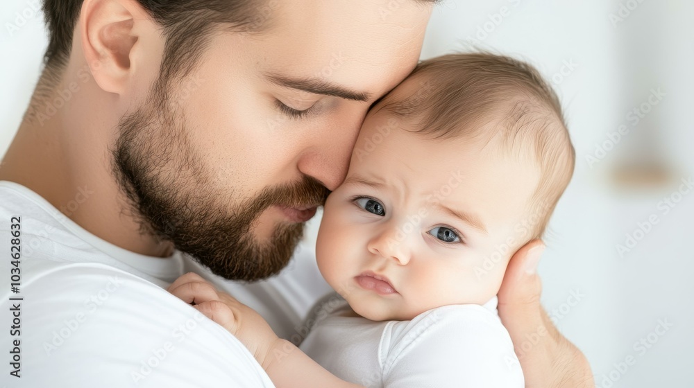 A father lovingly comforts his crying newborn at home, showcasing a deep bond and emotional connection during the day. A father lovingly comforts his crying newborn at home, showcasing a deep bond and emotional connection during the day.