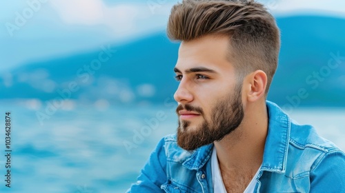 A bearded man relaxes on a bench by the bay, soaking in the serene view and fresh air. Perfect for a tranquil moment.