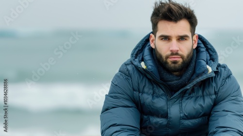 A bearded man relaxes on a bench by the bay, soaking in the serene view and fresh air. Perfect for a tranquil moment.