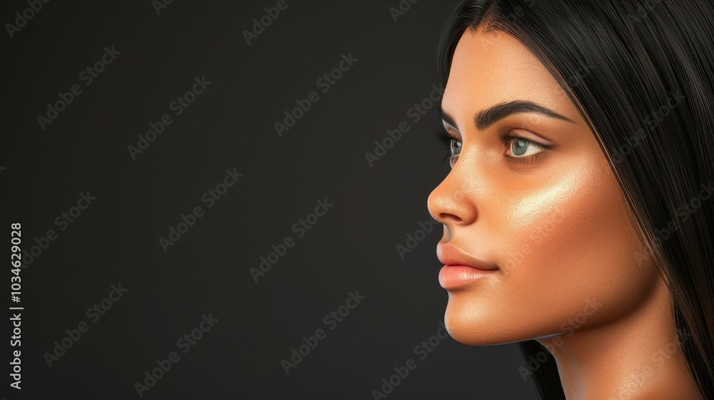 Stunning portrait of a girl with flowing black hair, captured in striking profile against a dark backdrop. Stunning portrait of a girl with flowing black hair, captured in striking profile against a dark backdrop.