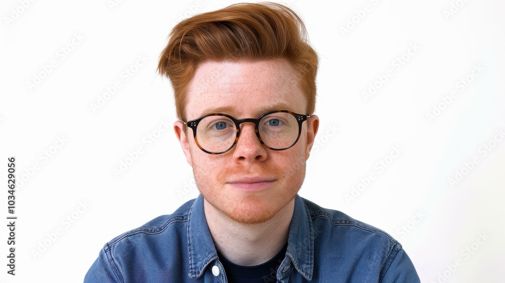 A striking portrait of a young man with vibrant red hair and stylish glasses, dressed in a casual blue shirt. A striking portrait of a young man with vibrant red hair and stylish glasses, dressed in a casual blue shirt.