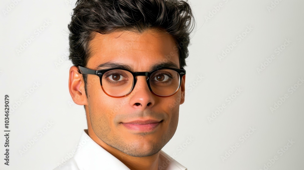 A stylish young man with glasses, showcasing confidence and charm in a crisp shirt against a clean white backdrop.