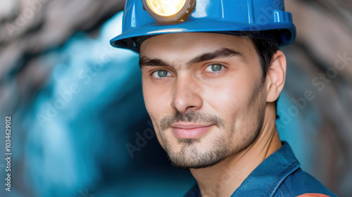 A miner equipped with headlamps enters a dimly lit coal mine, showcasing the grit and determination of hard work. photo