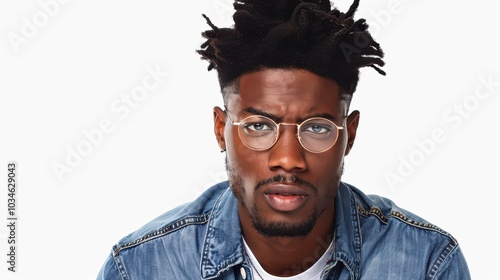 A stylish young man showcases confidence in a blue shirt and eyeglasses, exuding charm against a clean backdrop.