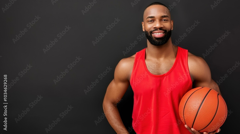 Dynamic portrait of a fit AfroAmerican basketball player holding a ball against a sleek black backdrop, showcasing athleticism and strength. Dynamic portrait of a fit AfroAmerican basketball player holding a ball against a sleek black backdrop, showcasing athleticism and strength.