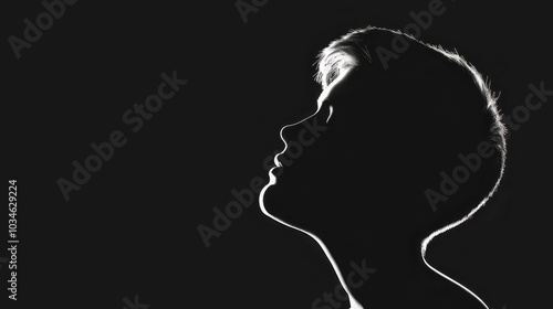 A striking profile silhouette of a young man, captured in deep shadow, showcasing intriguing facial features and expression.