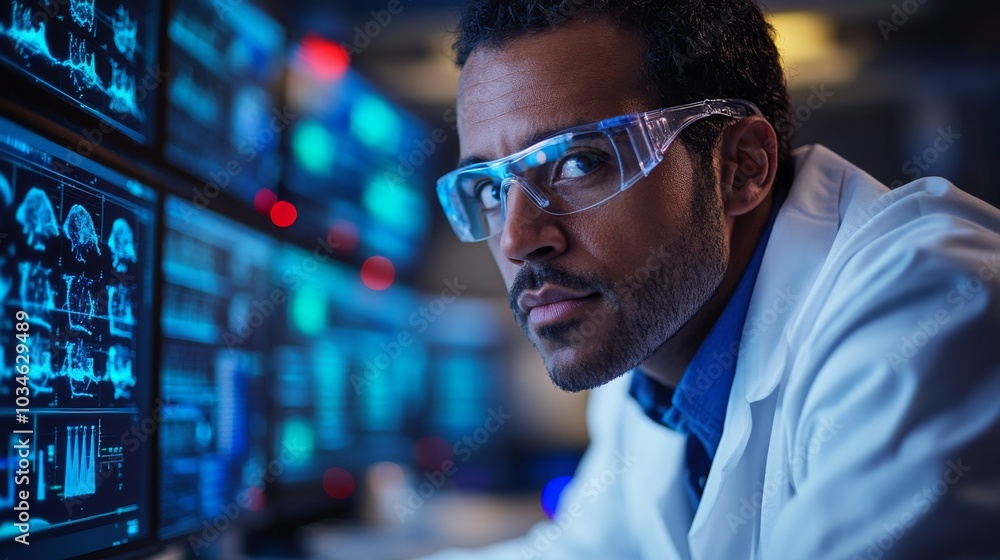 A scientist in a white lab coat and safety goggles intently observes data displayed on multiple monitors, surrounded by high-tech equipment in a dimly lit laboratory. A scientist in a white lab coat and safety goggles intently observes data displayed on multiple monitors, surrounded by high-tech equipment in a dimly lit laboratory.