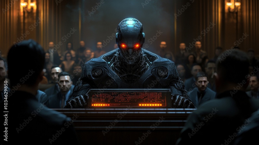 A cyberpunk city courtroom, with an AI robot judge towering over the scene, its mechanical hands resting on a glowing console as it processes complex legal algorithms A cyberpunk city courtroom, with an AI robot judge towering over the scene, its mechanical hands resting on a glowing console as it processes complex legal algorithms