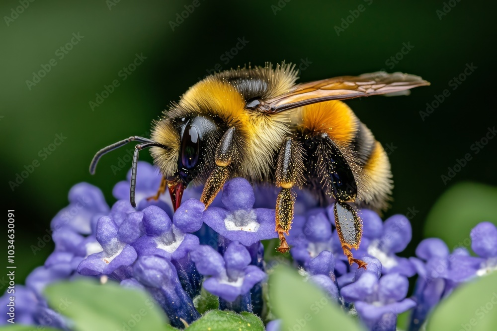 A bumblebee collecting nectar from Ajuga Reptans blossoms, surrounded by greenery A bumblebee collecting nectar from Ajuga Reptans blossoms, surrounded by greenery