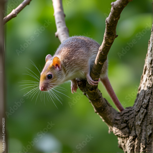 A Brown rat scurries along a tree branch photo