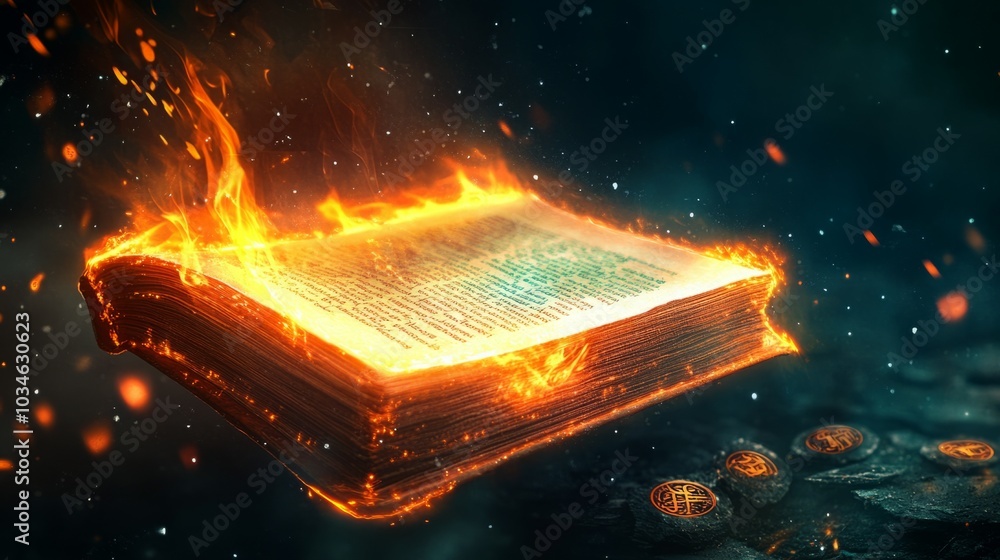 An open book engulfed in flames, creating a mystical atmosphere. An open book engulfed in flames, creating a mystical atmosphere.