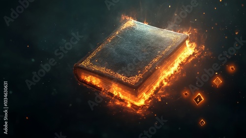 An enchanted book surrounded by mystical flames and glowing symbols.