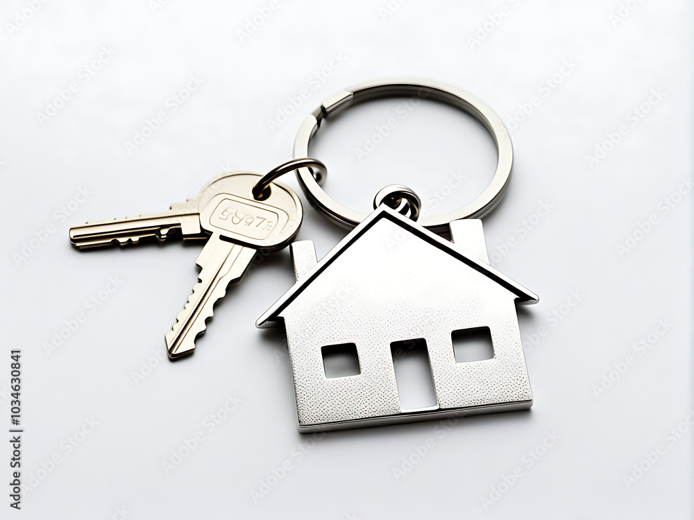 a silver house-shaped keychain with a white background. house security a silver house-shaped keychain with a white background. house security