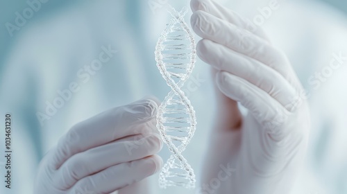 A scientists gloved hands carefully observe a DNA strand, showcasing intricate details in a  lab setting. photo