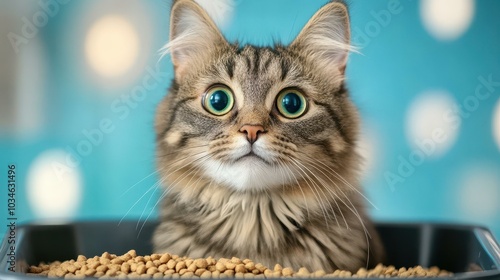 A cat relaxes in its litter box, surrounded by its food, with a soft, blurred background creating a cozy atmosphere. photo