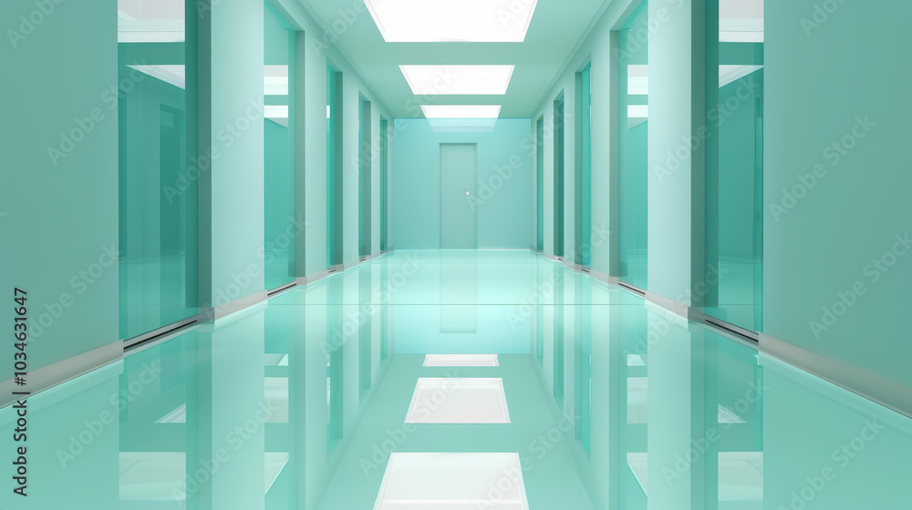 Obraz premium Modern glass office hallway exudes elegance, with bright reflections dancing on a polished light floor.