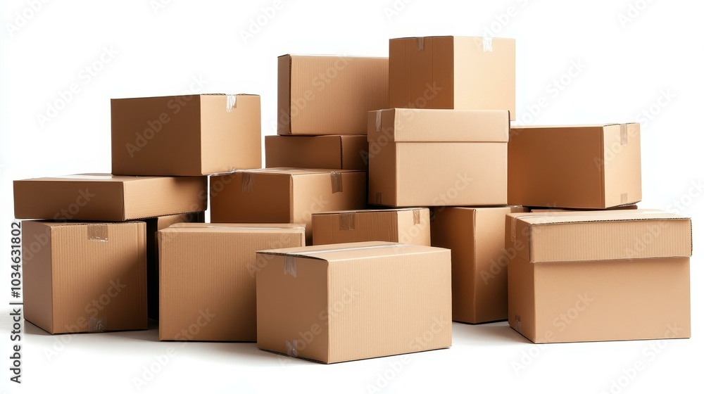 A large collection of cardboard boxes in multiple sizes, ideal for packing, shipping, and storage needs, on a clean backdrop. A large collection of cardboard boxes in multiple sizes, ideal for packing, shipping, and storage needs, on a clean backdrop.