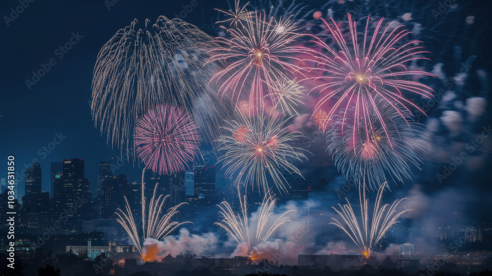 A vibrant fireworks show bursting in the night sky above a cityscape, creating a festive atmosphere. Night of bonfires and fireworks. A vibrant fireworks show bursting in the night sky above a cityscape, creating a festive atmosphere. Night of bonfires and fireworks.