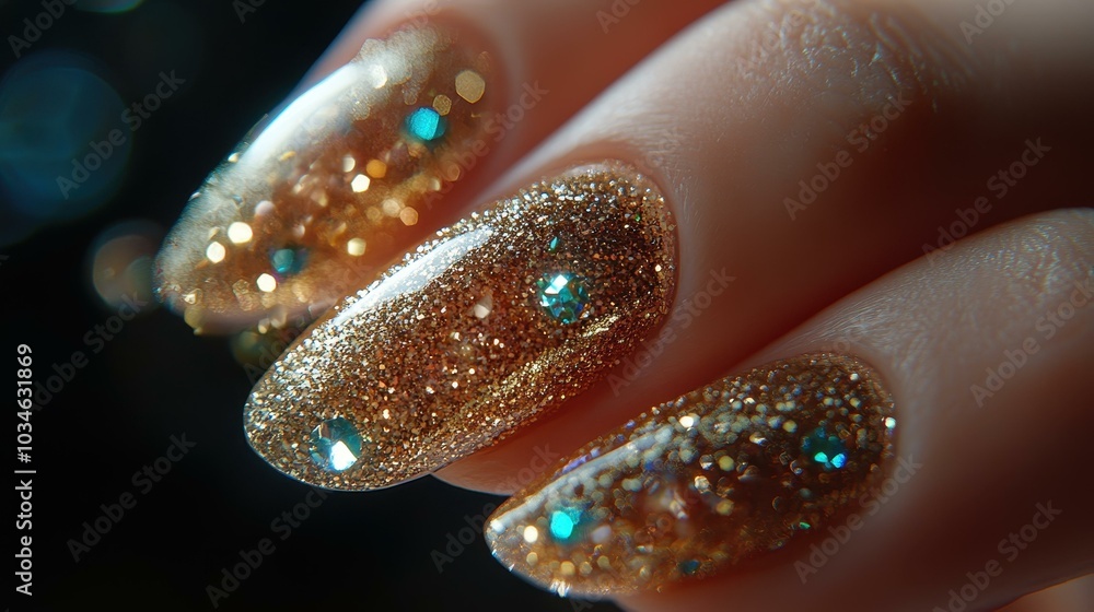 Indulge in a luxurious gold manicure, adorned with sparkling gems and glitters for a dazzling evening look. Indulge in a luxurious gold manicure, adorned with sparkling gems and glitters for a dazzling evening look.