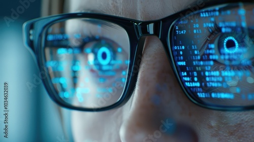 Wallpaper Mural Close-Up View of a Digital Eye with Glowing Data Patterns on Futuristic Glasses Torontodigital.ca
