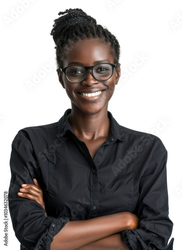 PNG Black teacher happy portrait glasses smile.