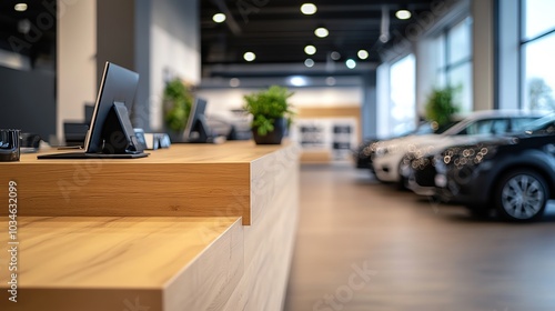 Modern car dealership showroom with a wooden reception desk and cars in the background.