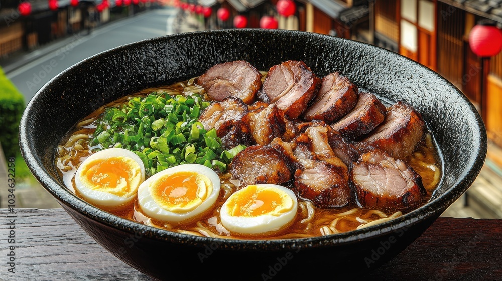 Delicious Japanese Ramen Bowl with Marinated Pork, Soft-Boiled Eggs, Green Onions in Rich Broth; Authentic Asian Cuisine, Noodles, Japan Background Delicious Japanese Ramen Bowl with Marinated Pork, Soft-Boiled Eggs, Green Onions in Rich Broth; Authentic Asian Cuisine, Noodles, Japan Background