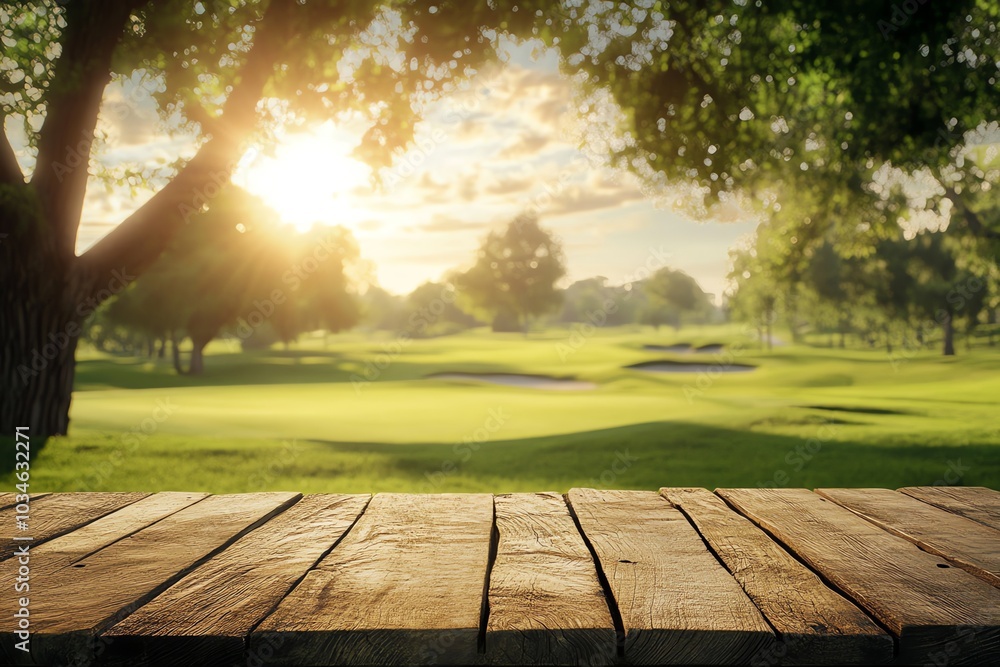 A wooden tabletop with a blurred view of a lush green golf course with a sunset in the background. A wooden tabletop with a blurred view of a lush green golf course with a sunset in the background.