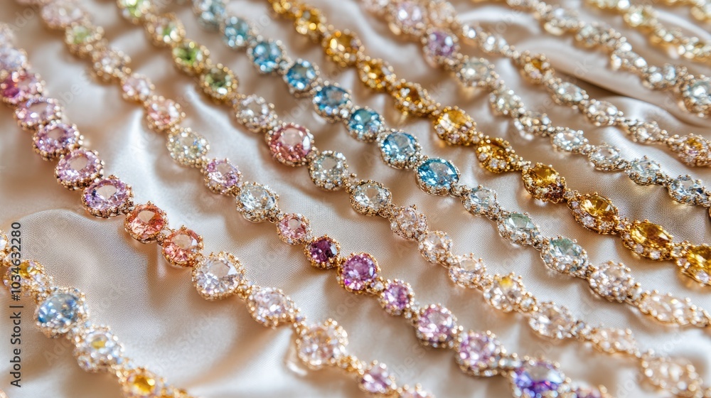 Colorful Gemstone Bracelets on Satin Background Colorful Gemstone Bracelets on Satin Background