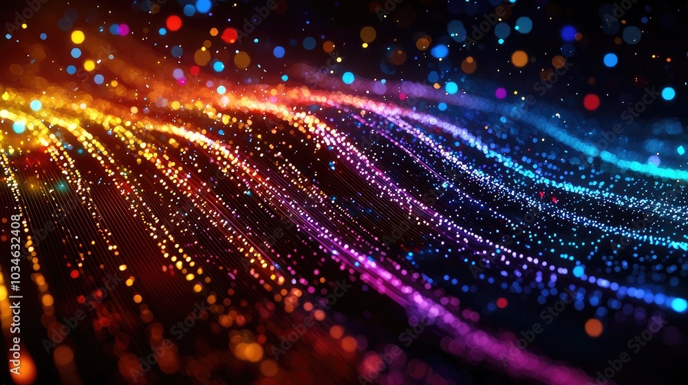 Naklejka premium Colorful abstract waves of light with bokeh effects on a dark background.