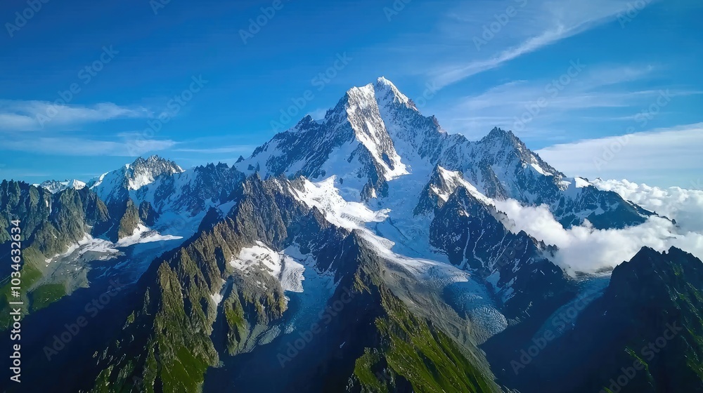 Fototapeta premium Majestic mountain peaks under a clear blue sky with snow-capped summits.